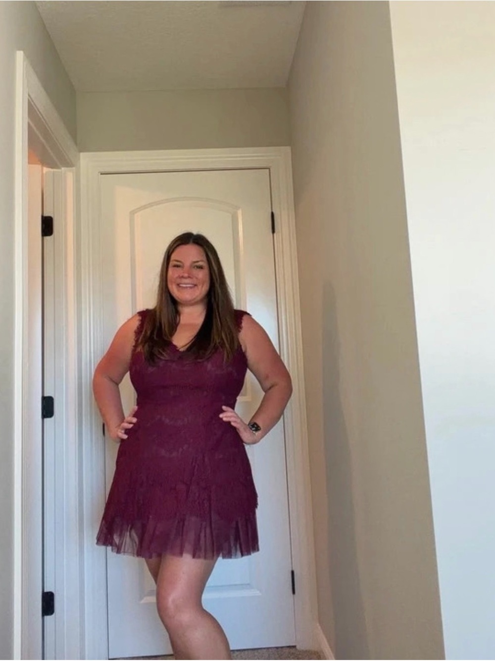 Betsy & Adam Lace Fit-and-Flare Dress in Wine